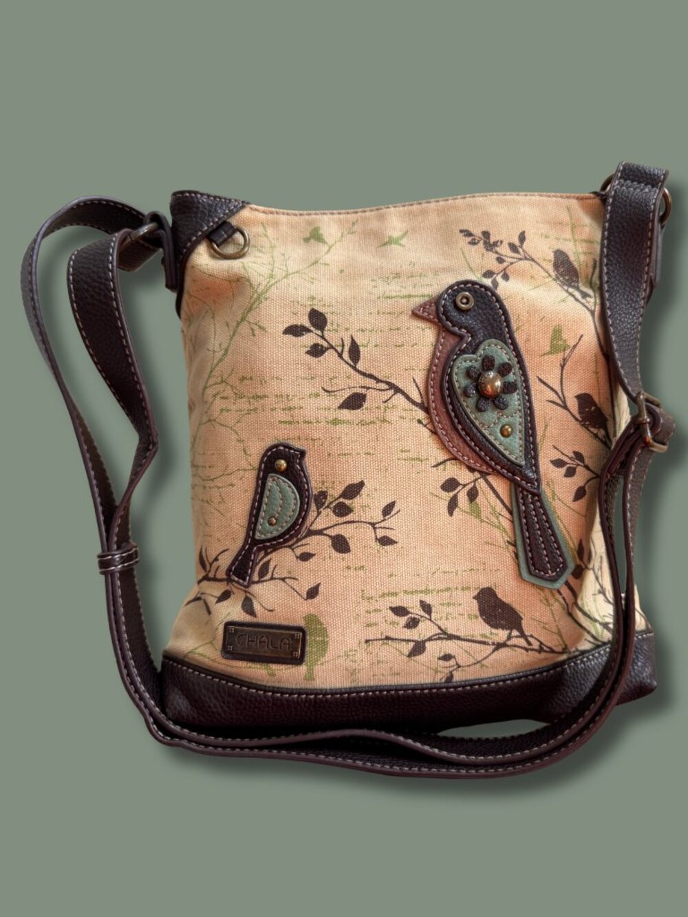 Chala Bird Safari Canvas Crossbody Bag Embroidered Bird Applique Whimsical Purse